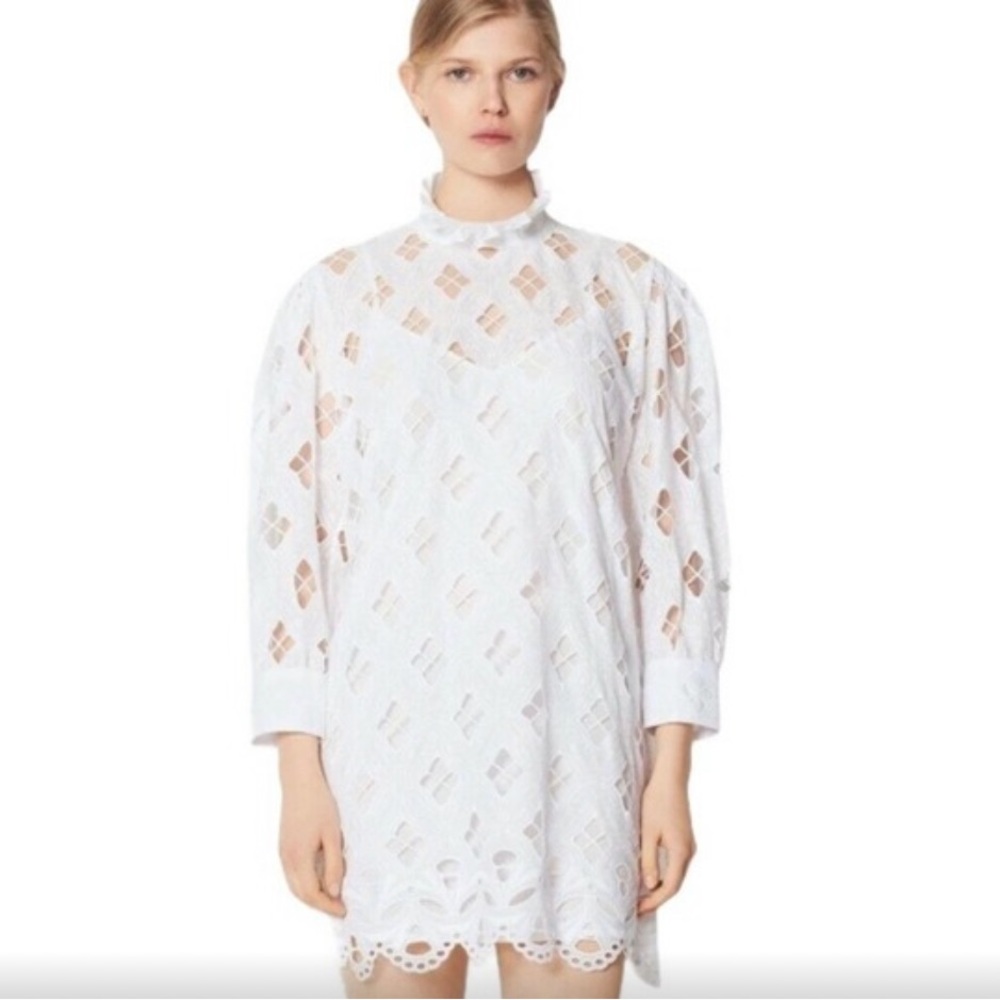 Sandro White High Neck Eyelet Houle Mini Dress Size 38 / M